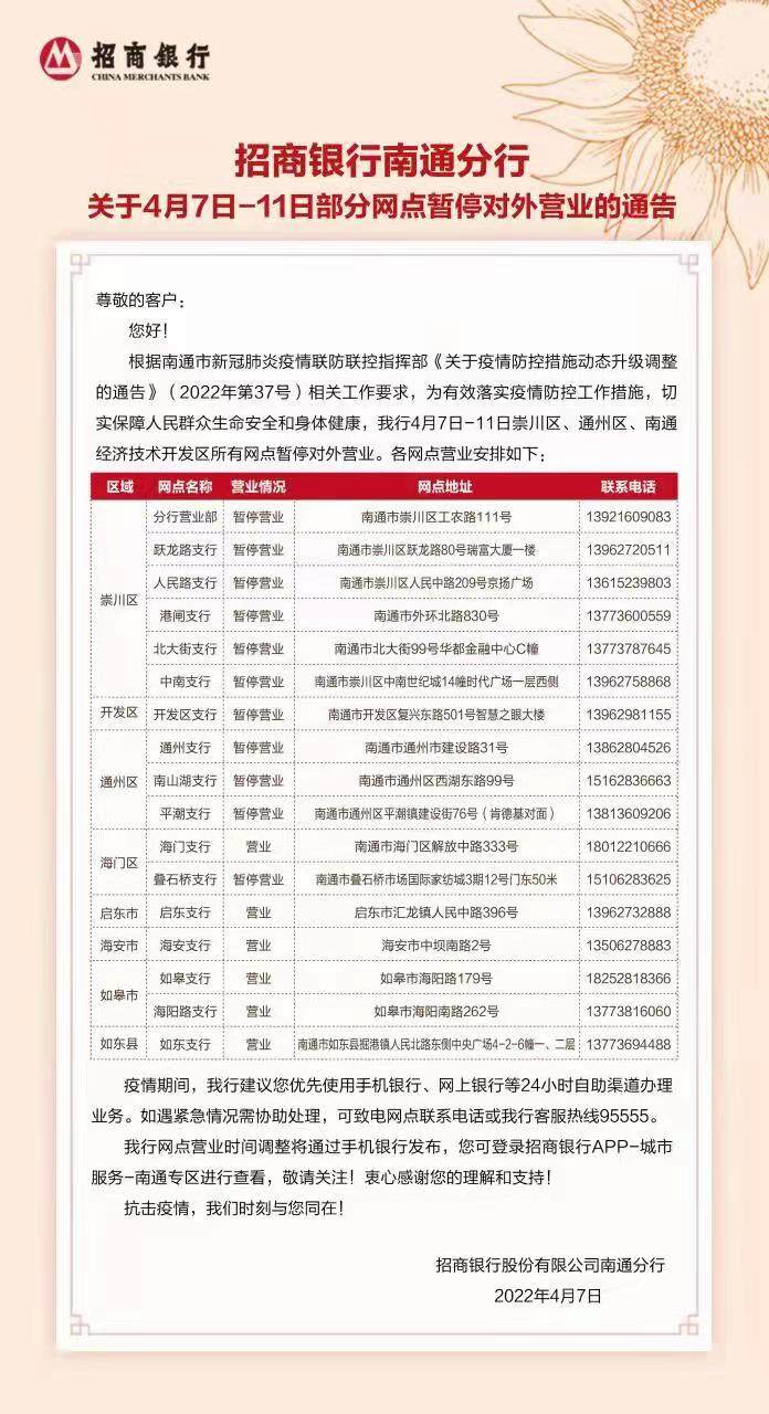 重要公告：南通多家银行网点暂停营业 | 南通发布